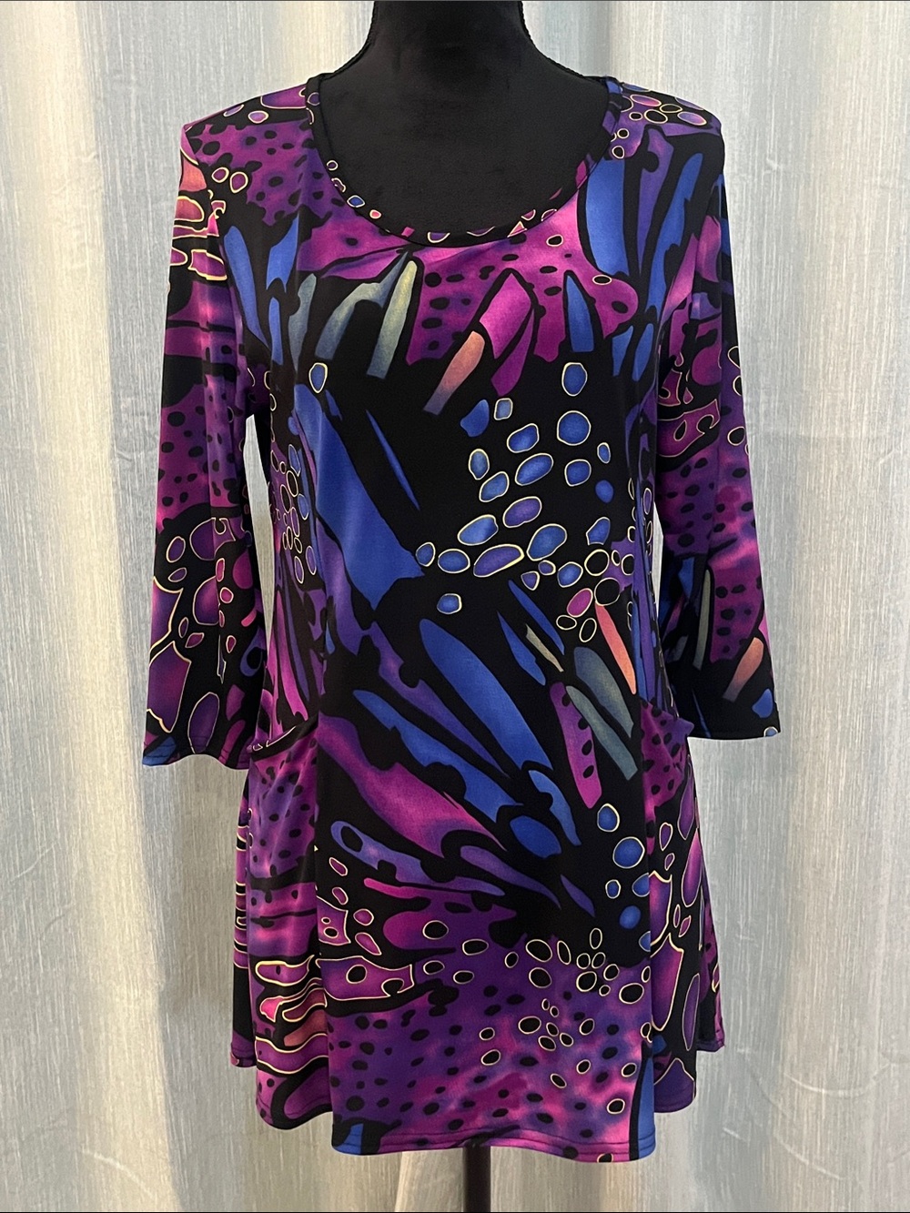 Purple & Blue Abstract Print Tunic Top, Scoop Neck